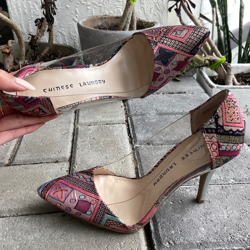 Chinese Laundry Geometric Embroidery Vinyl Heels
